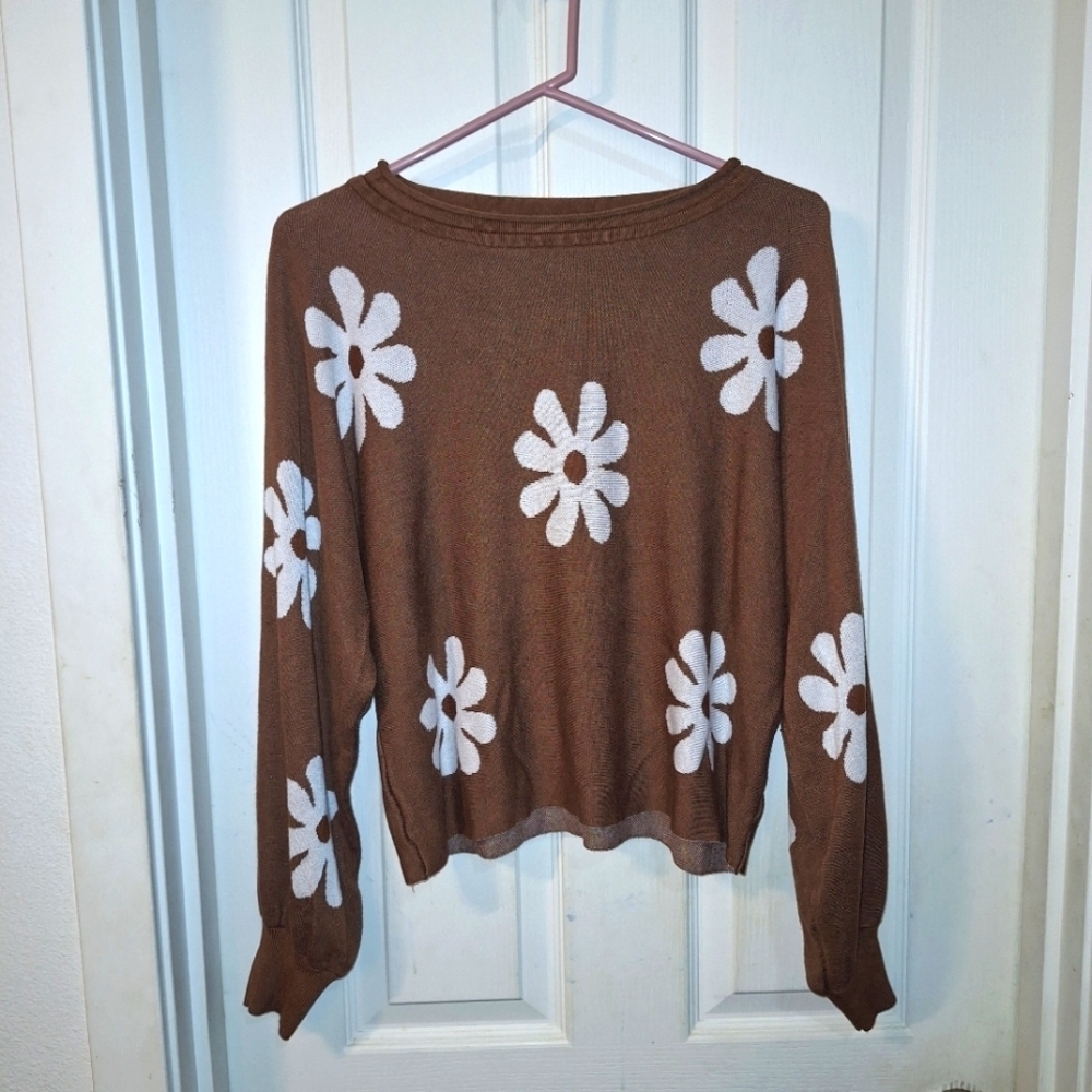 Brown Floral Lightweight Spring Knit Sweater